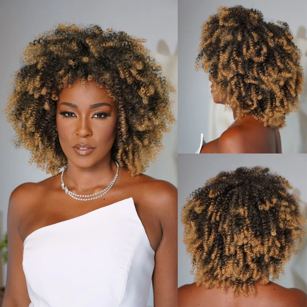 Honey Blonde Highlights Afro Kinky Coily Curly  Glueless Wig