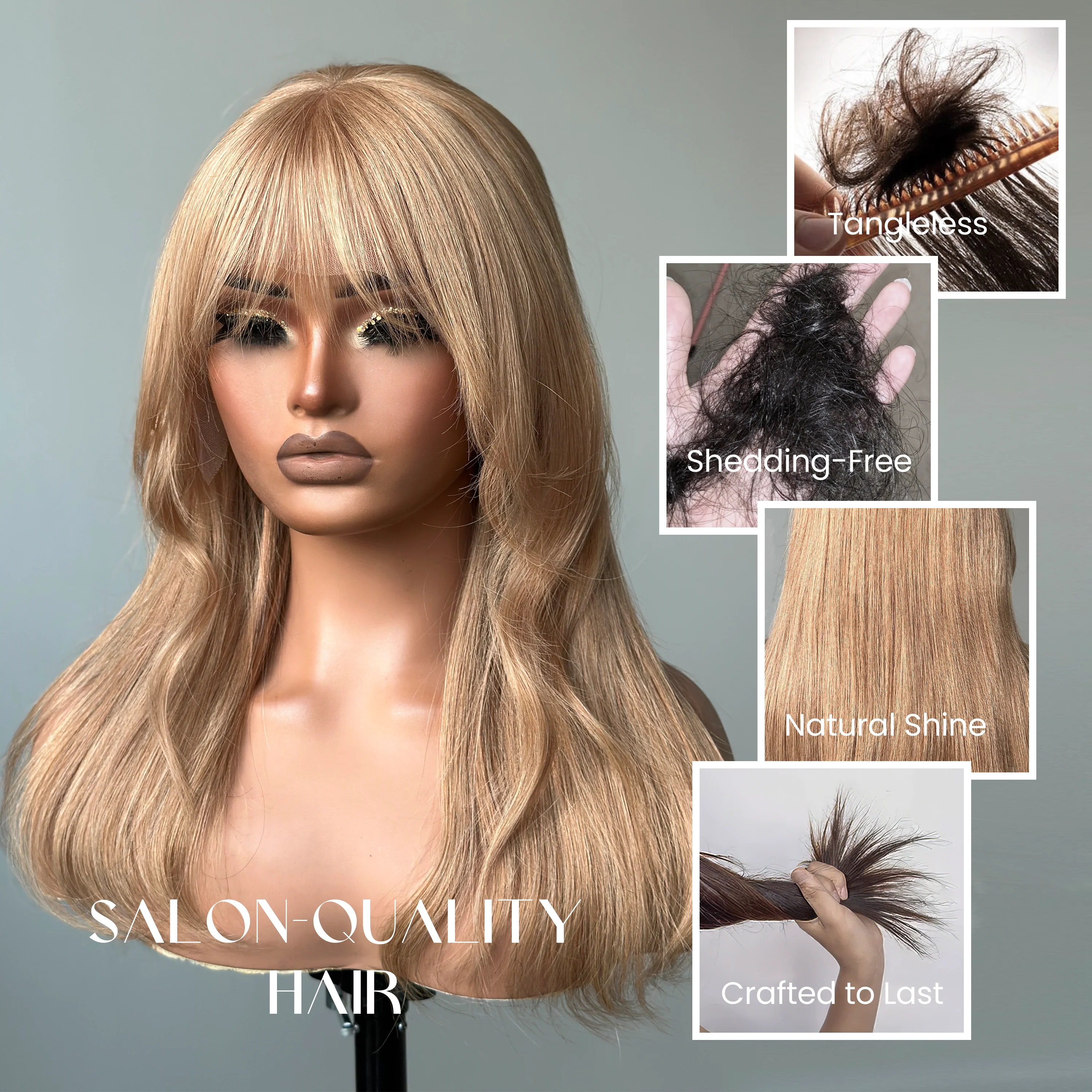 Honey Blonde Hair Wig With Bangs Glueless 13x4 Frontal Lace Wig 100% Human Hair