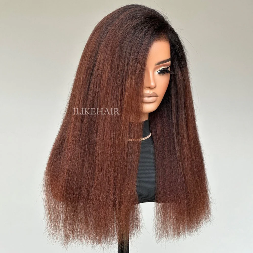 Ombre Brown Kinky Straight 9x4 HD Lace Glueless With 3C Hybrid Hairline Wig