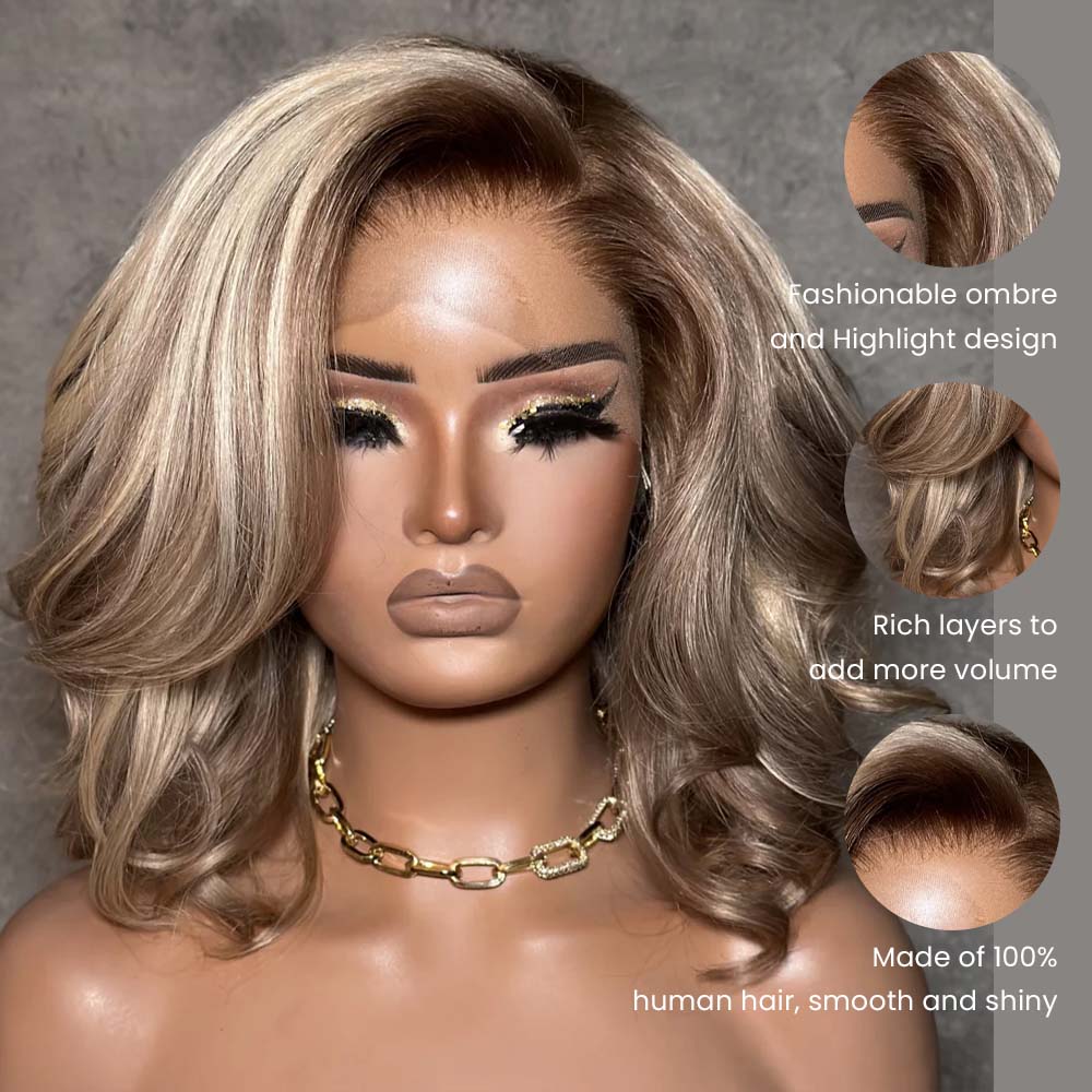 Ombre 613 Blonde Wave Bob With Dark Root Balayage 13x4 Lace Front Wig