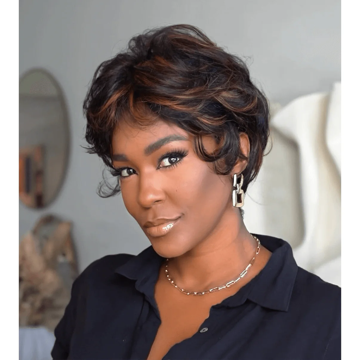 Glueless Brown Highlight Layered Pixie Cut Wig With Bangs