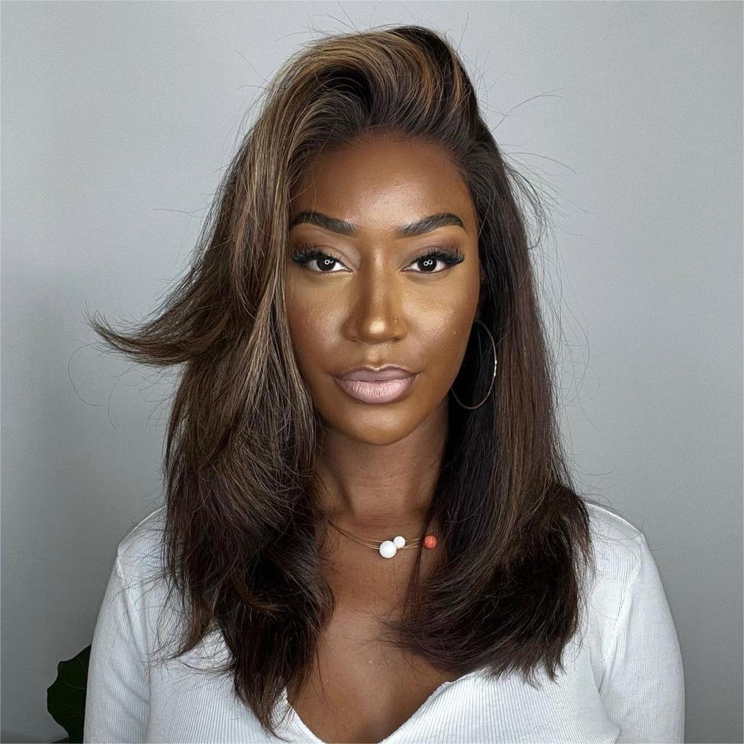 Dark Brown with Blonde Highlights Layered Wavy Lace Wig
