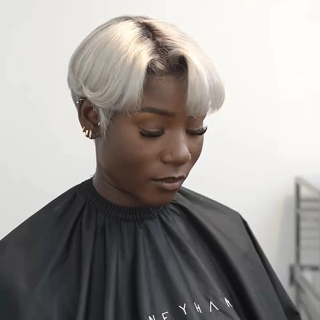 Ash Grey With Dark Root Short Pixie Cut 13x4 Lace Front Wig
