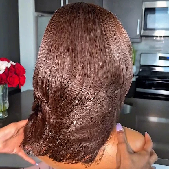 Dark Brown Face-Framing Sleek Layered Bob 5x5 Lace Human Hair Wig