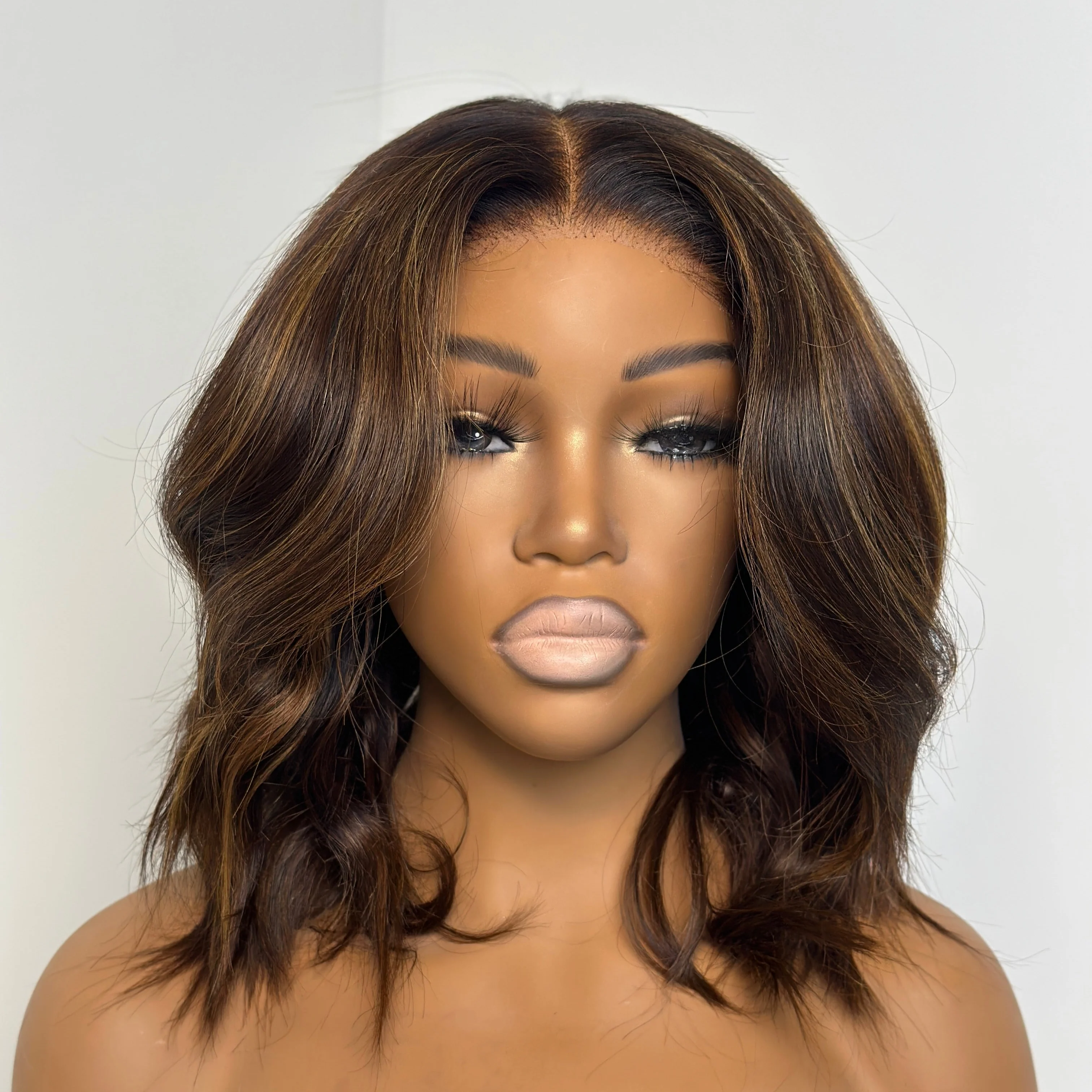 Glueless Brown Highlight Fluffy Bob Cut 5x5 Lace Closure Wig