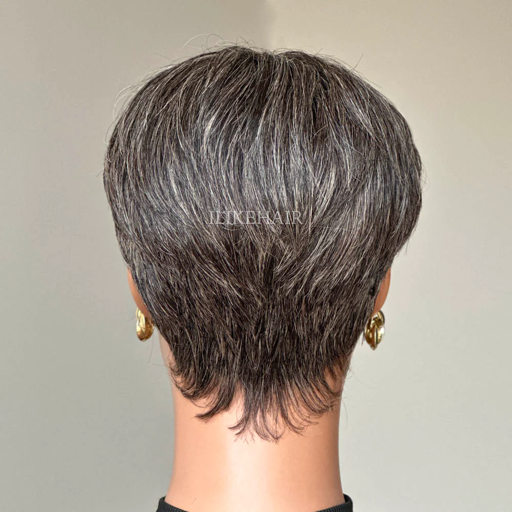 Designer Salt and Pepper Pixie Cuts Glueless Human Hair Wig