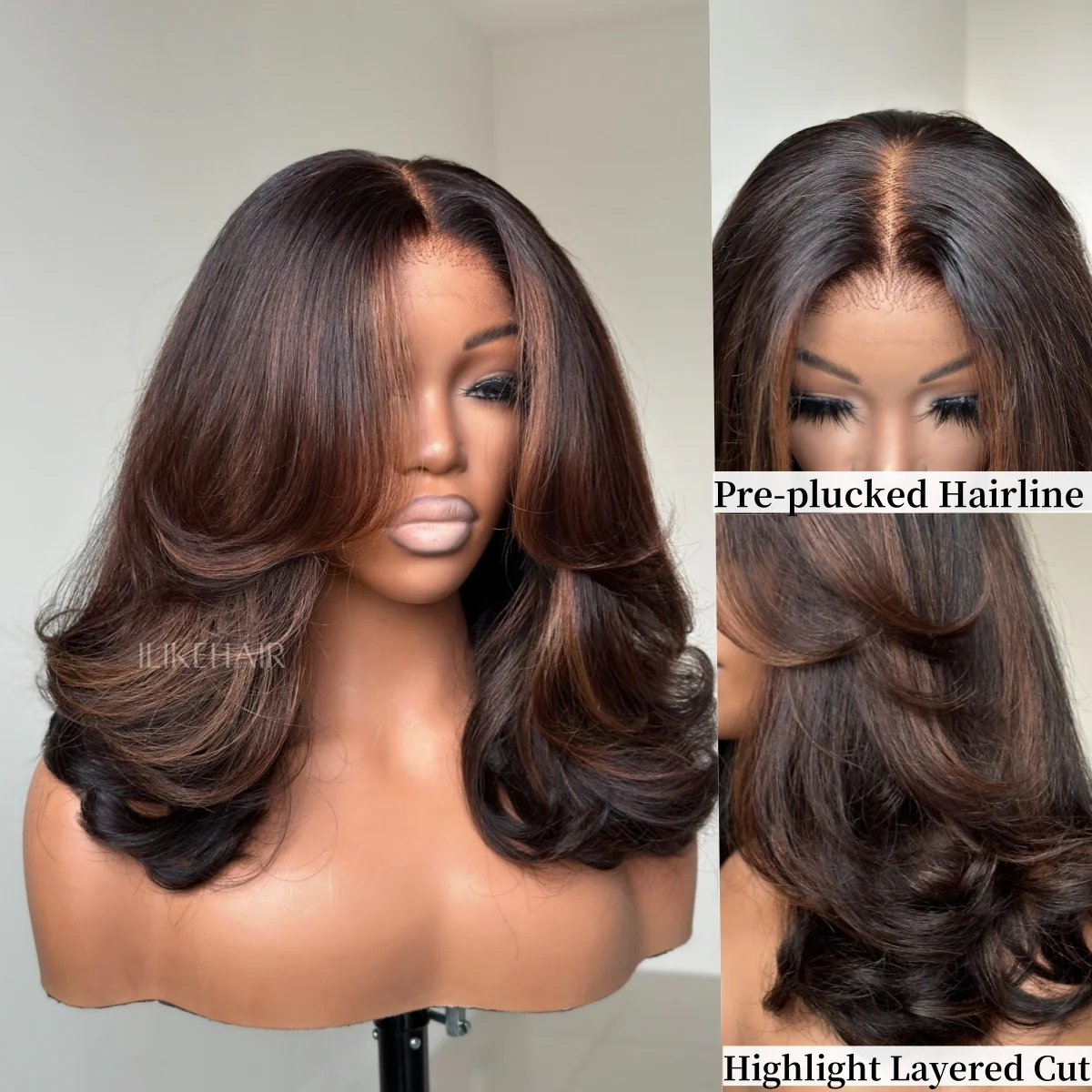 Face-Framing Highlight Brown Layered Cut Wavy Lace Closure Wig