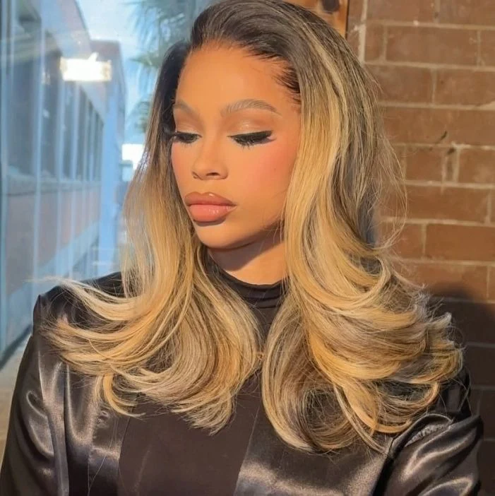 613 Ombre Blonde With Dark Root Layered Cut 13x4 Frontal Lace Wig