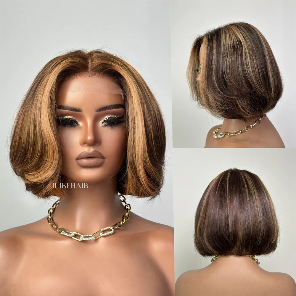 Brown With Blonde Highlights Wavy Bob Lace Closure Wig