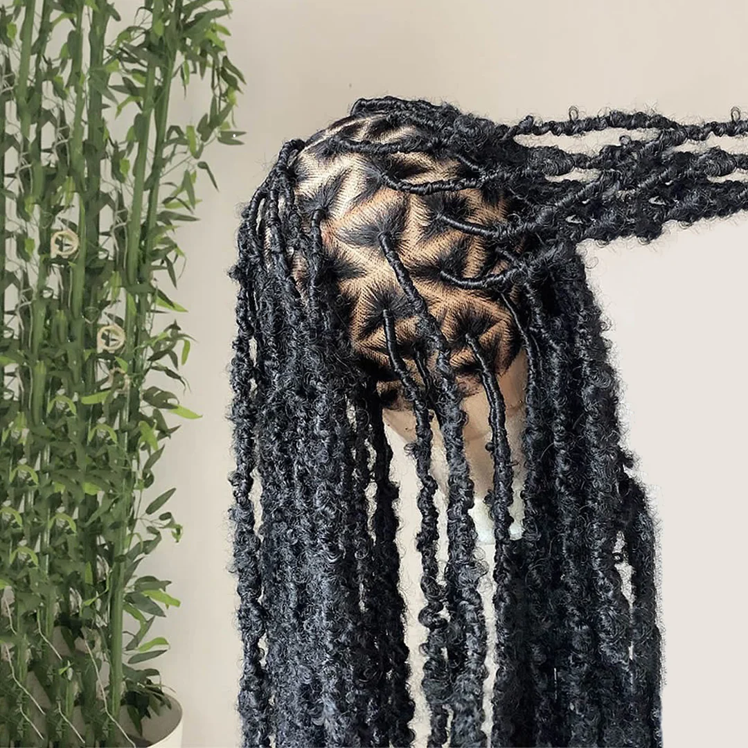 Full Lace Faux Locs Boho Curls Braided Invisi Drawstring Wig With Kinky Edges