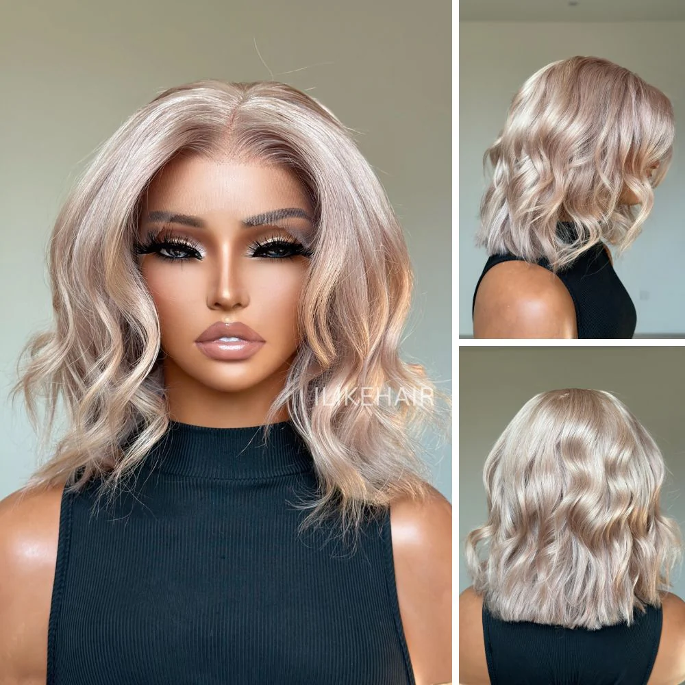 Luxury Rose Blonde Short Wavy 13x4 Lace Frontal Wig