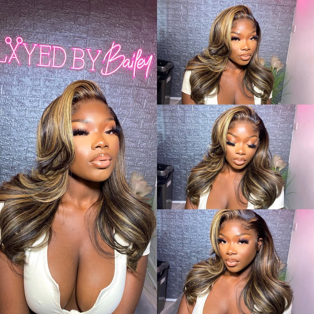 Blonde Mix Brown Highlight Wave Layered Cut Lace Front Wig