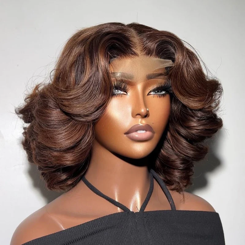Brown Highlights Bouncy Wave Bob Lace Closure Wig