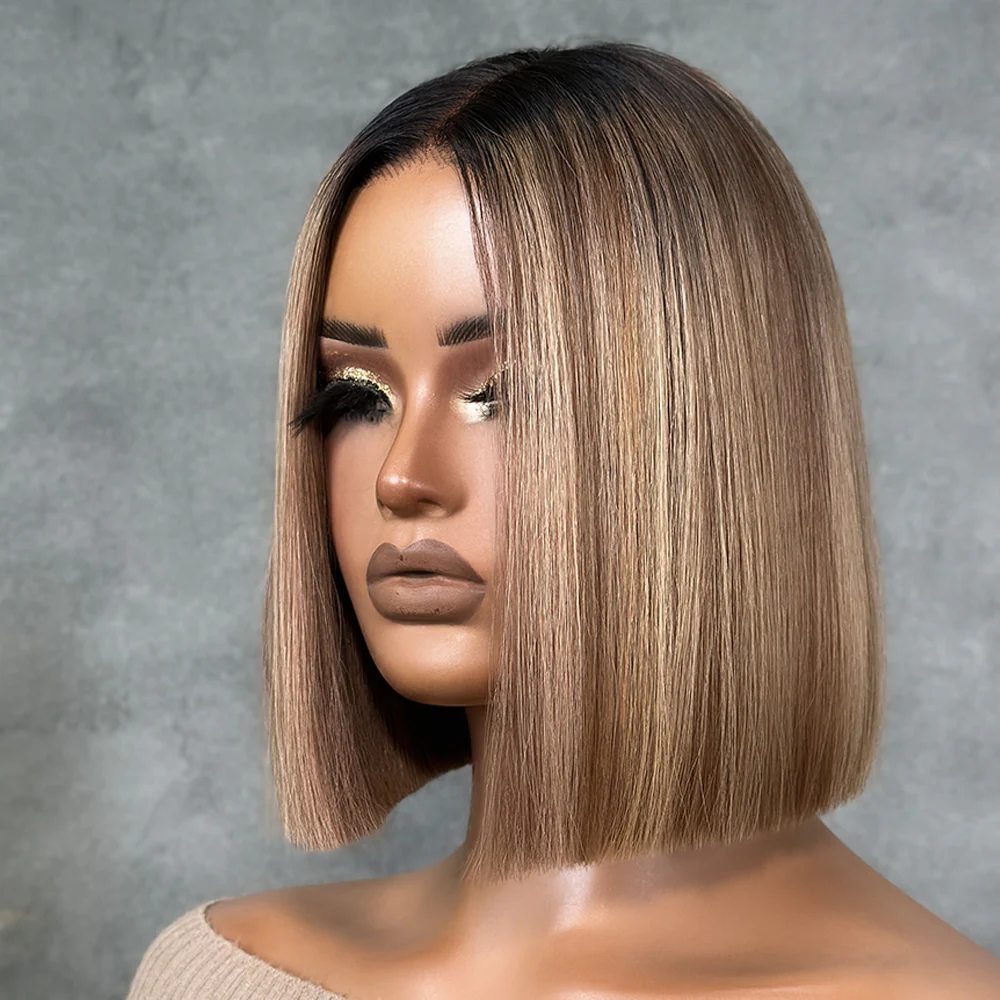 Ombre Blonde Highlight with Brown Blunt Cut Bob 5x5 Lace Closure Wig