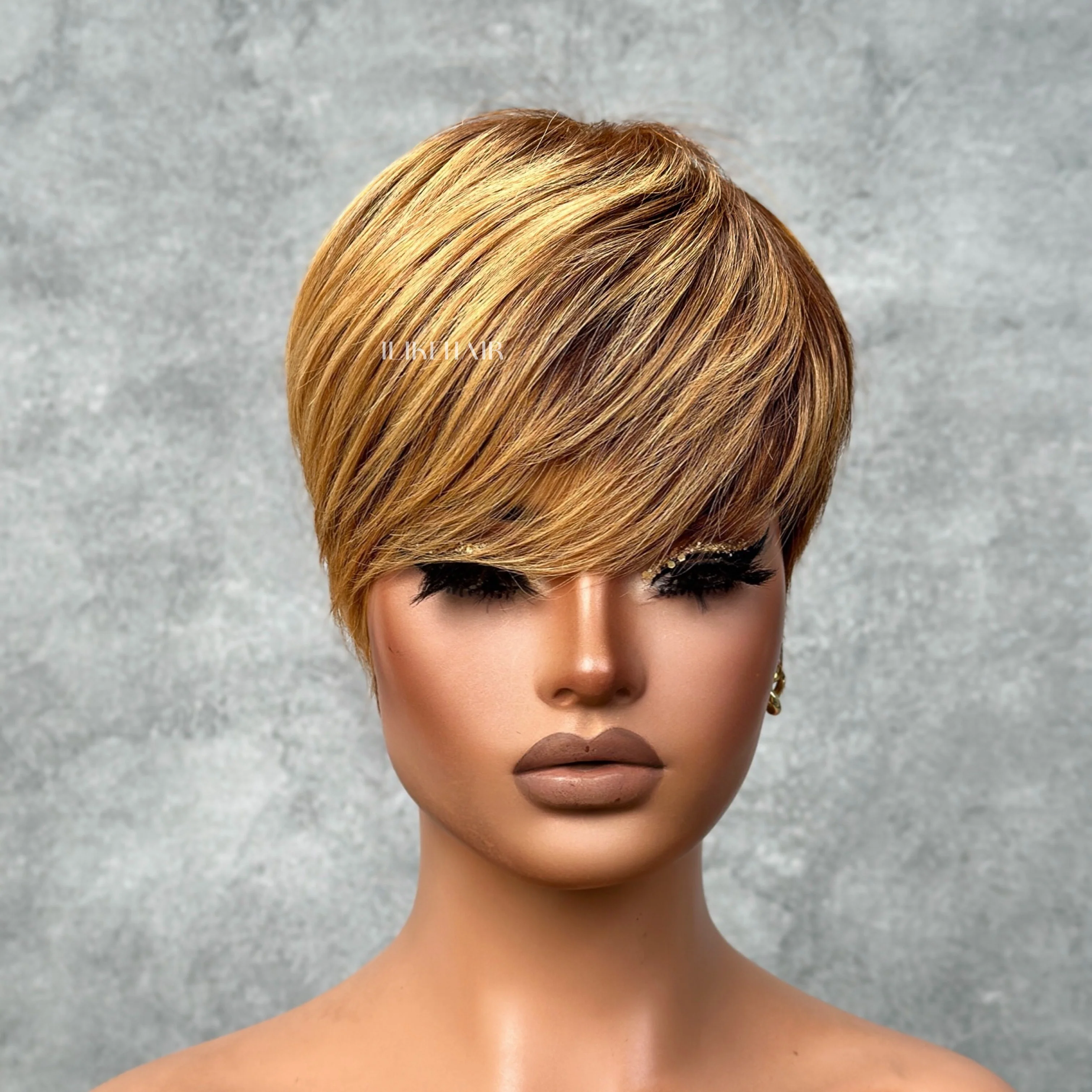 Put on  & Go Blonde Highlight with Bottom Brown Pixie Cut Wig