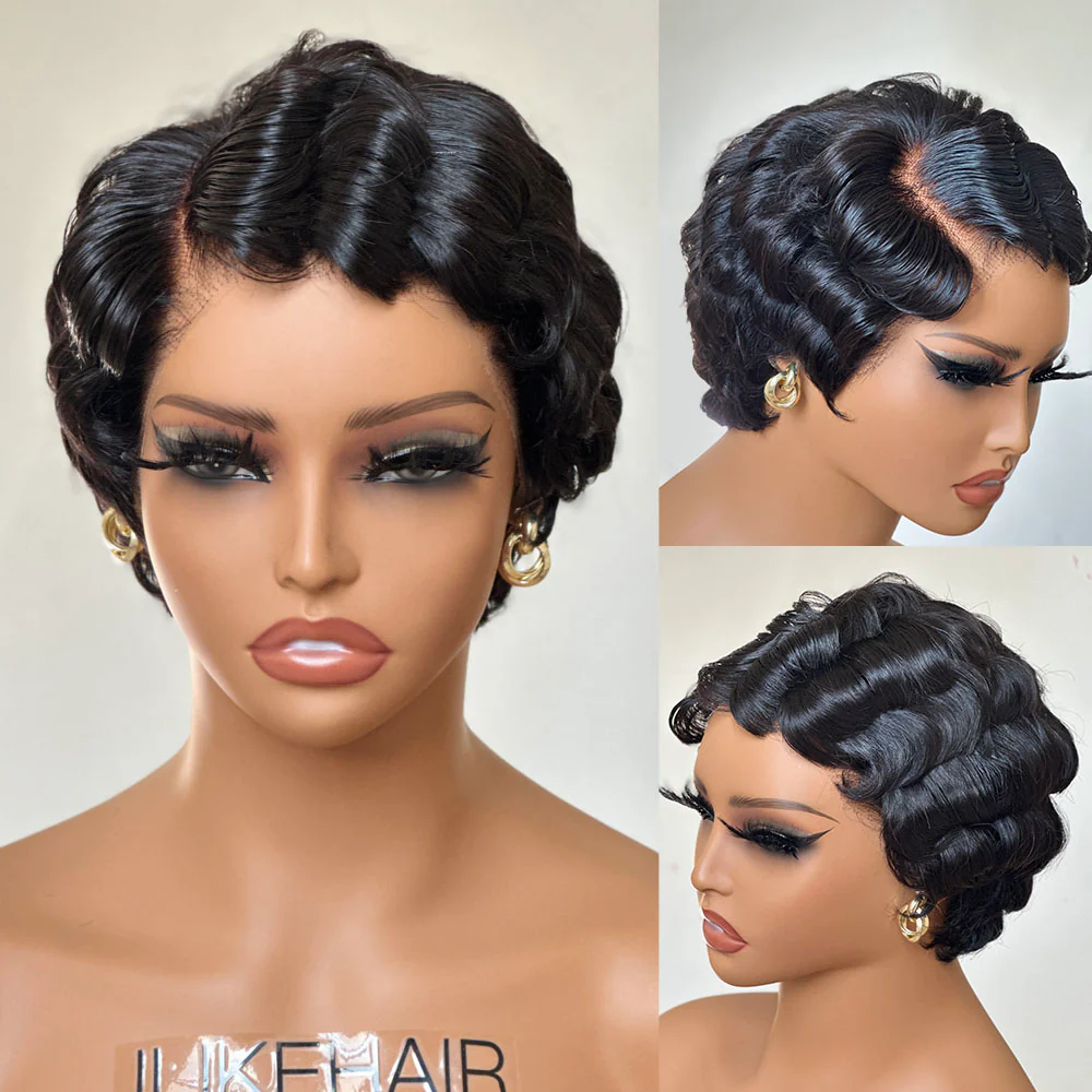 Short Pixie Cut Finger Wave Human Hair 13x4 Lace Front Wig