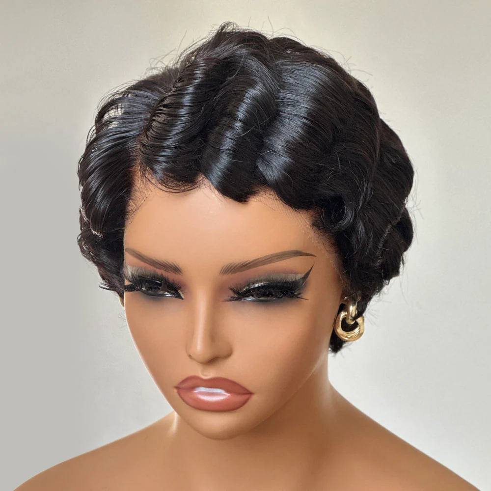 Short Pixie Cut Finger Wave Human Hair 13x4 Lace Front Wig