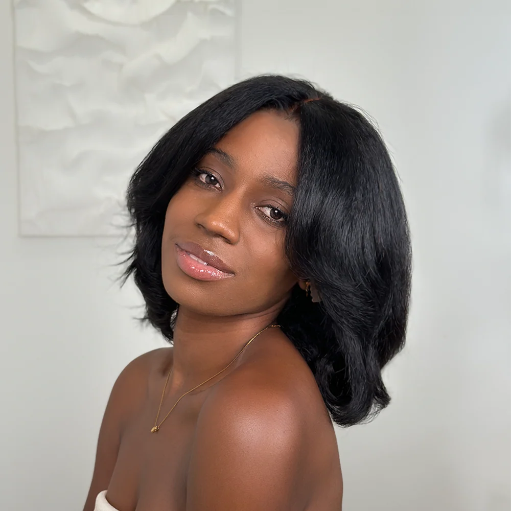 Natural Kinky Straight Layered Blowout Bob Lace Wig