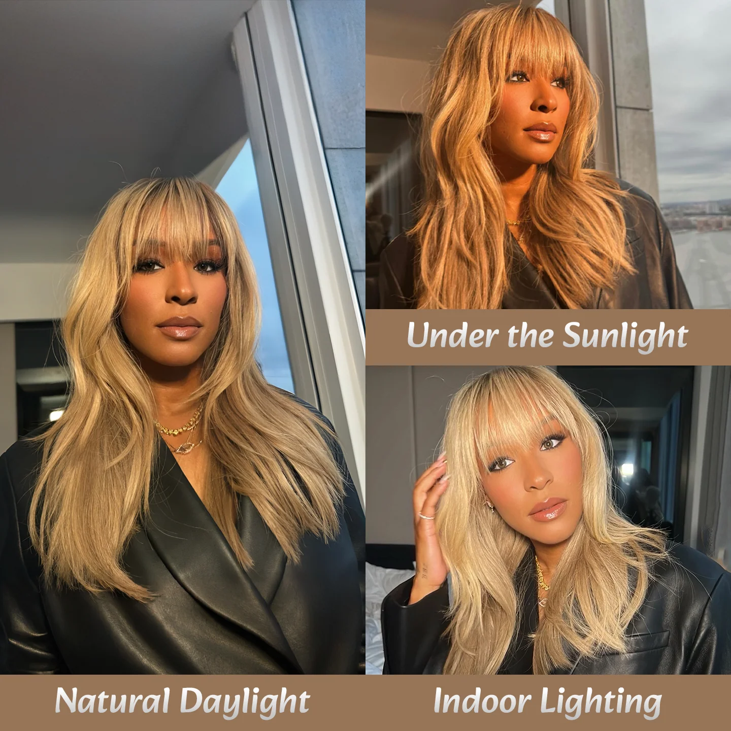 Effortless Chic Naturally Layers Wigs: Honey Brown Hair Wig  Put On & Go with Bangs