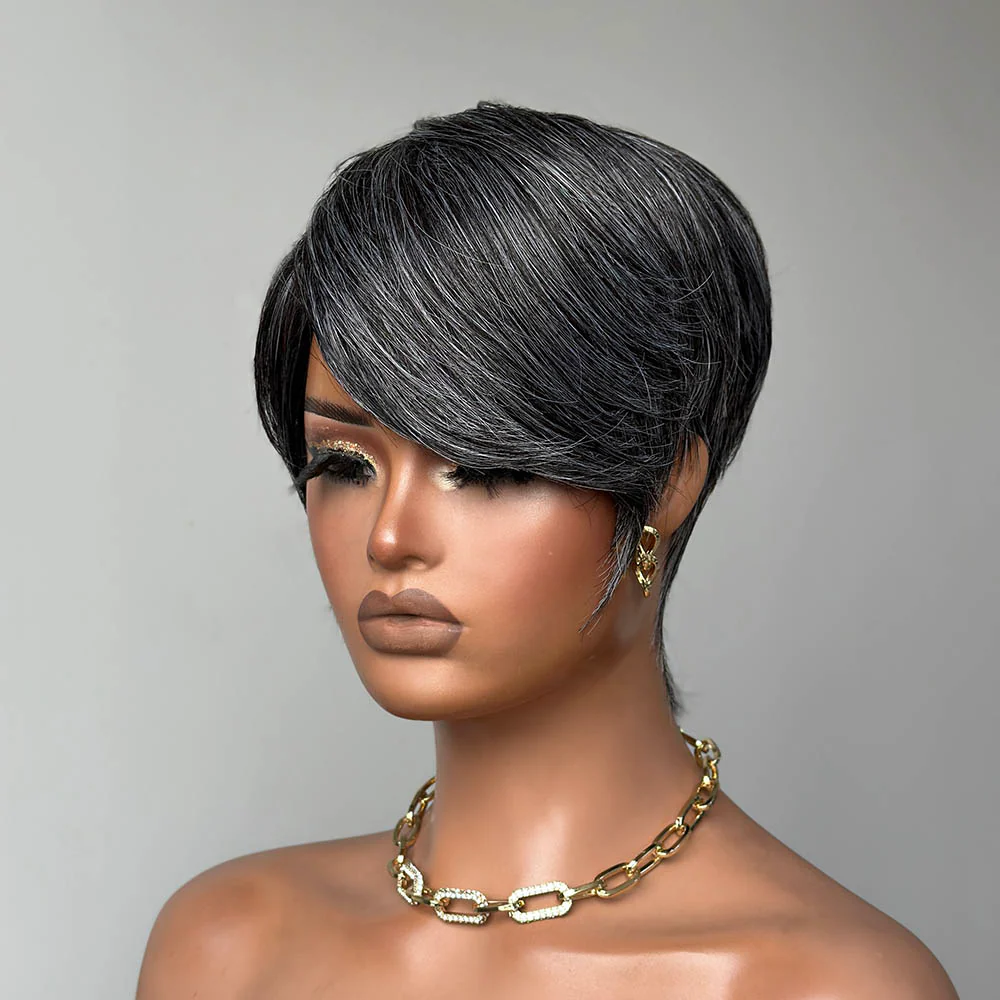 Short Silver Pixie Human Hair Wig with Side Bangs