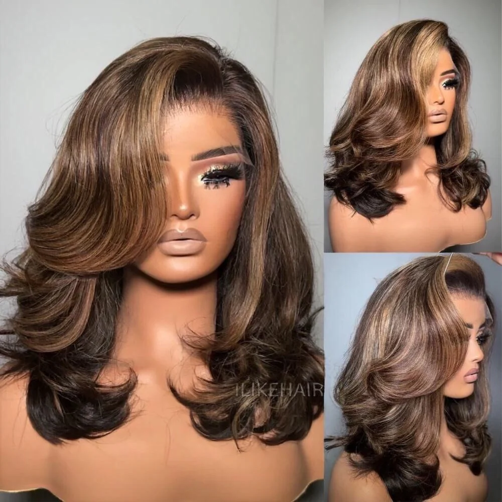 Blonde Highlight With Dark Brown Layered Wavy Lace Wig