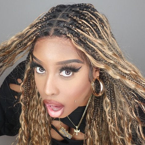 Boho Knotless Braided with Ombre Brown & Honey Blonde French Curls Invisi Drawstring Wig