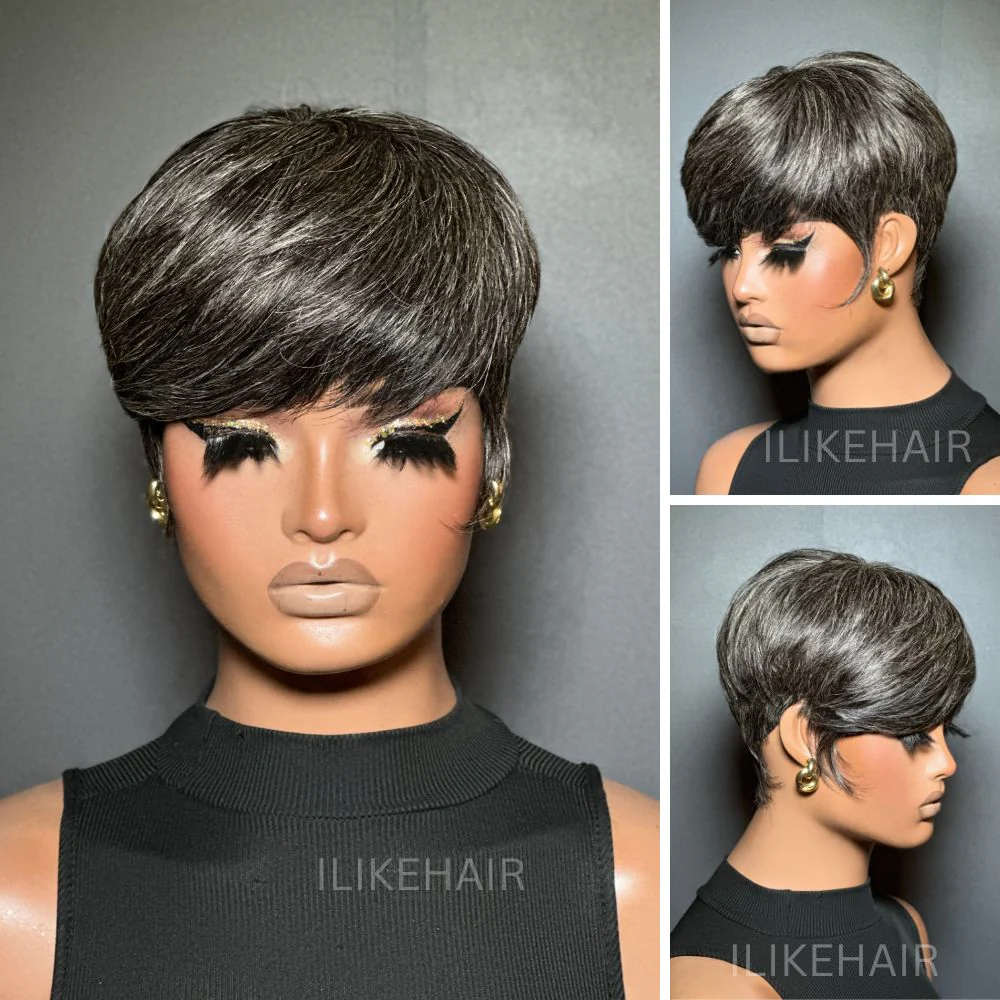 Put on & Go Layered Short Pixie Cut Human Hair Wig With Bang