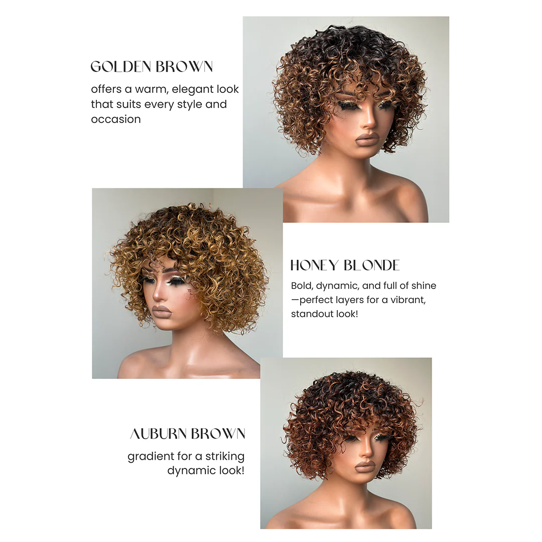 Chic Ombre Mix Color Short Cut Curly Put On & Go Wig 100% Human Hair