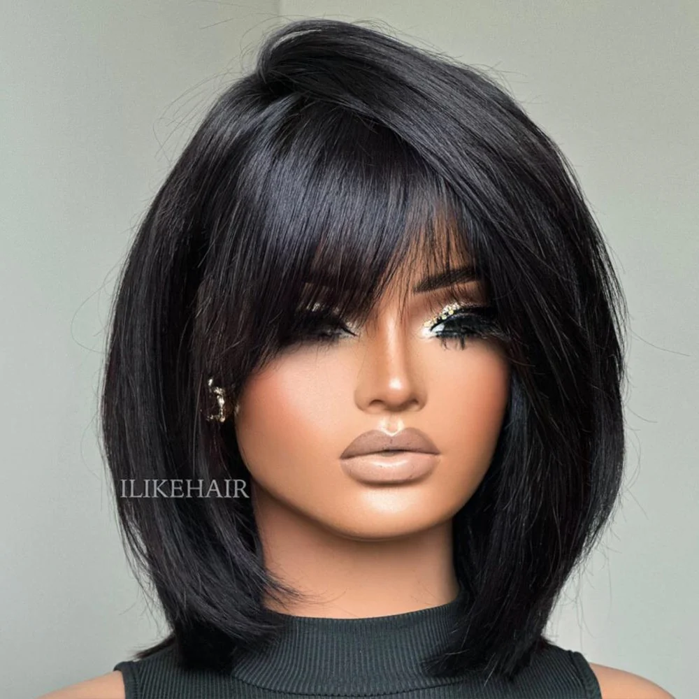 Short Face-Framing Layered Cut Straight Lace Closure Wig With Bangs