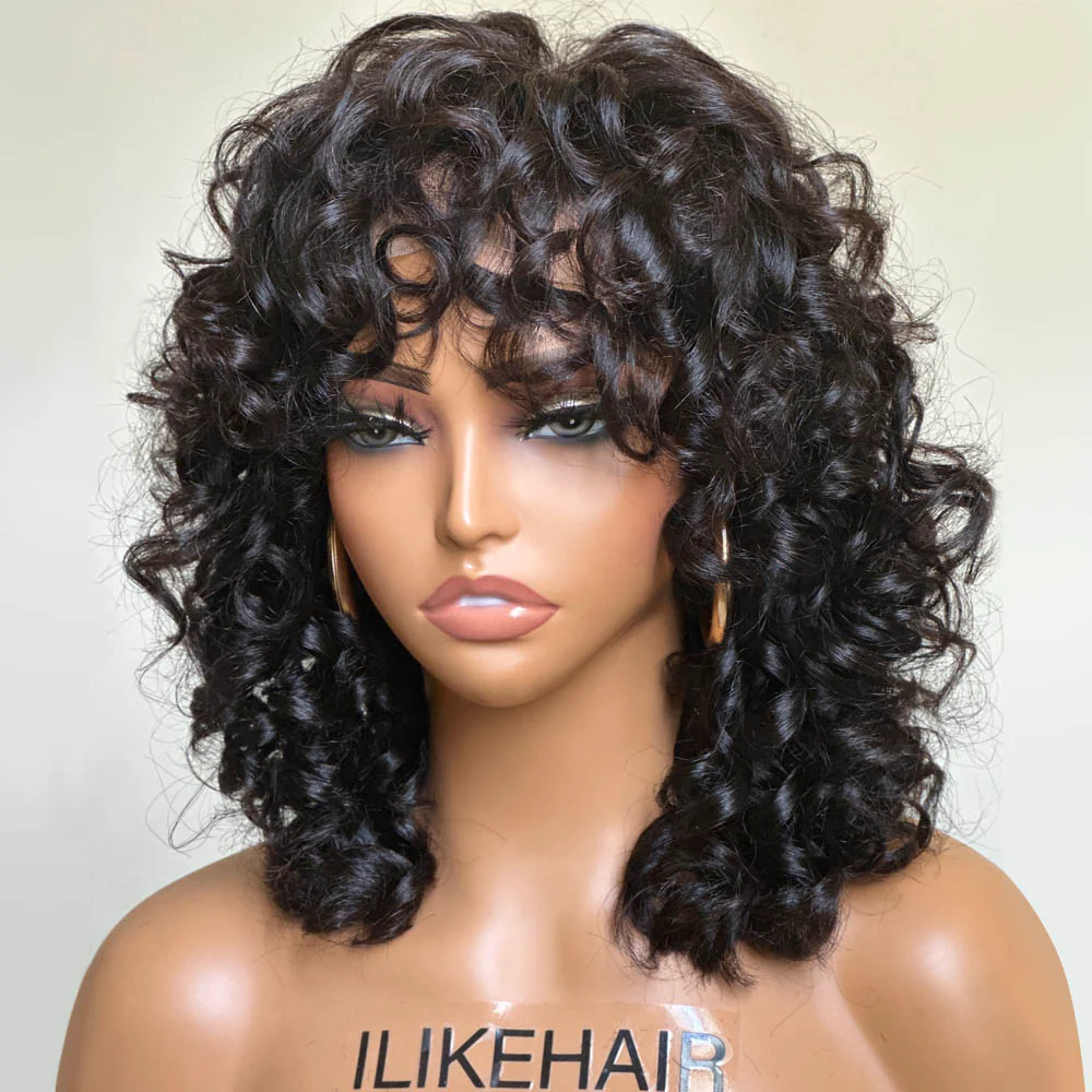 Short Loose Bouncy Curly Human Hair With Bangs Glueless Wig