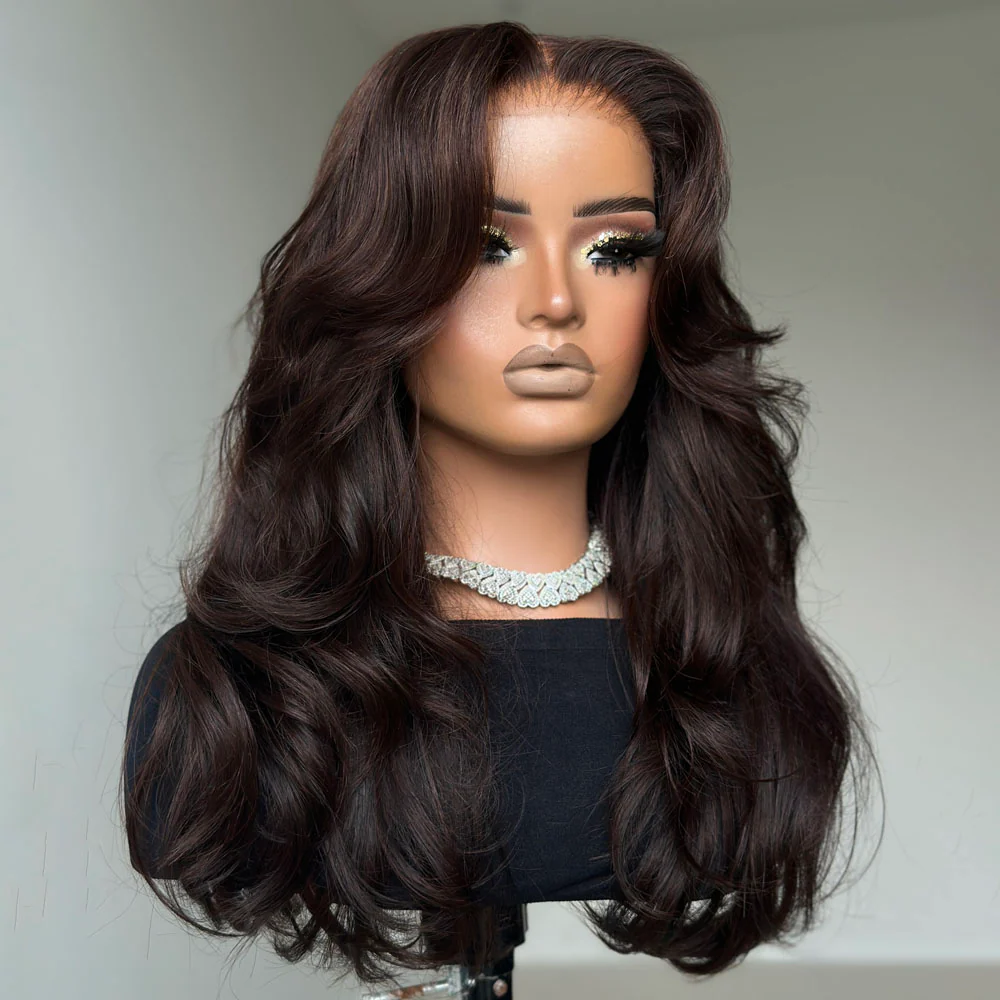 Face Framing Cocona Brown Layered Wavy With Curtain Bangs Lace Closure Wig
