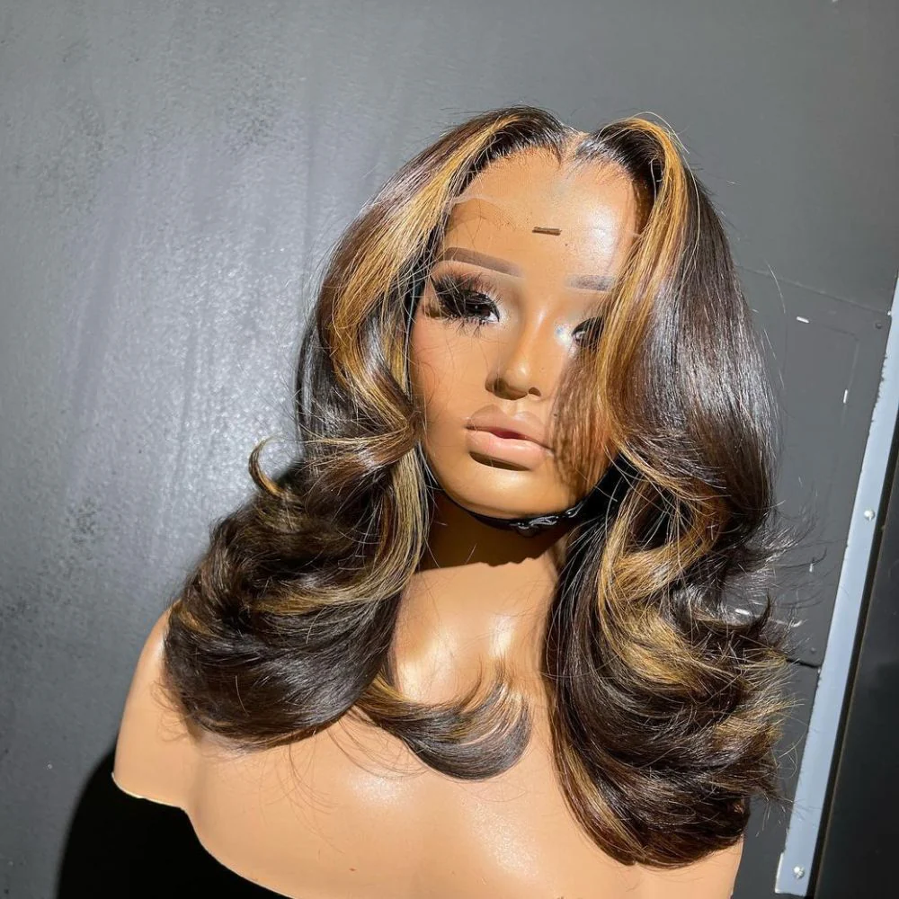 Honey Blonde Highlight Layered Cut Wavy 5x5 Lace Closure Wig