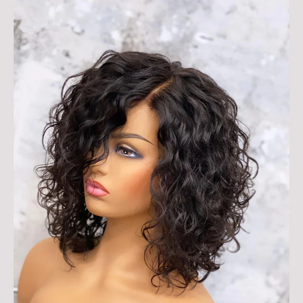 Short Curly Natural Black Human Hair Bob Frontal Lace Wig