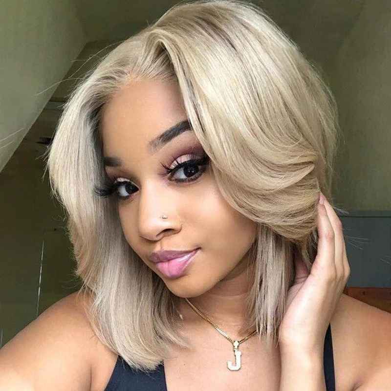 613 Blonde Layered Cut Straight Bob Lace Closure Wig
