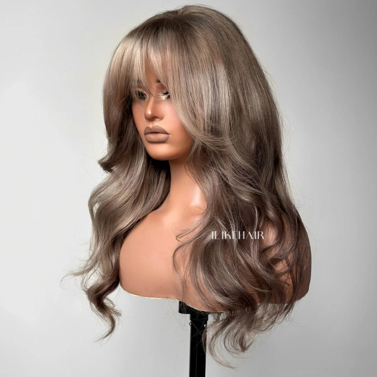 Ombre Ash Blonde With Brown Highlights Layered Cut Wavy Wig With Bang