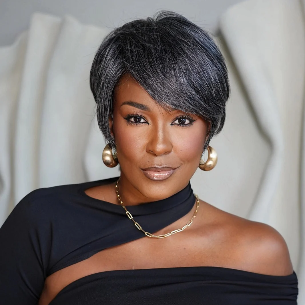 Short Silver Pixie Human Hair Wig with Side Bangs