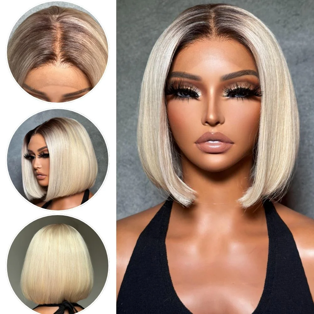 Short Ombre Light Blonde Silky Bob 13x4 Lace Front Wig