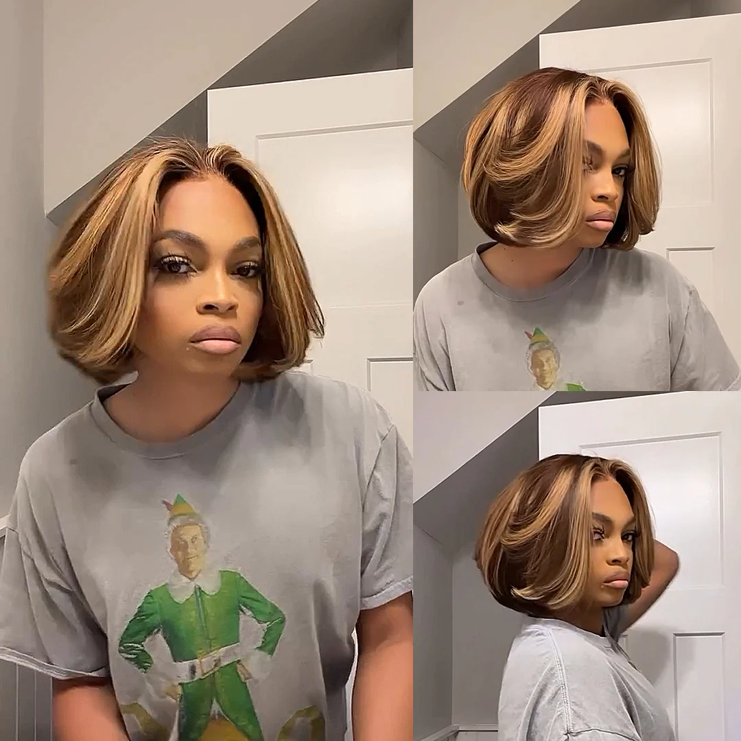 Brown With Blonde Highlights Wavy Bob Lace Closure Wig