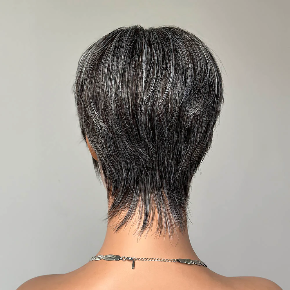 Short Silver Pixie Human Hair Wig with Side Bangs