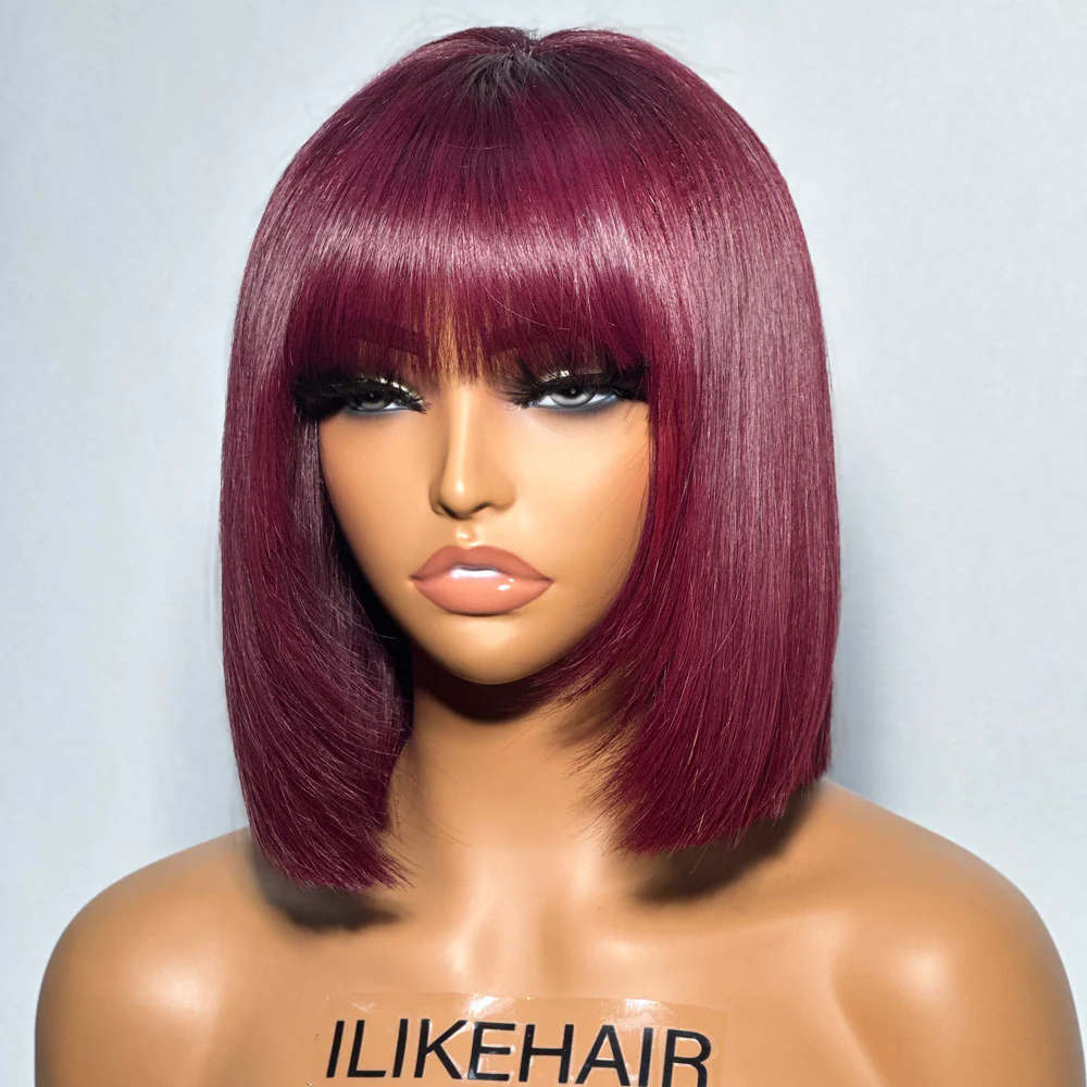 Layer Cut Straight Burgundy Bob 5x5 Lace Closure Wig With Bangs