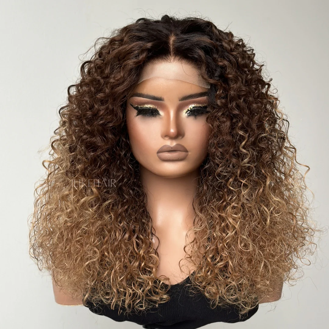 T4/27 Ombre Blonde With Black Root Water Wave 6x6 Lace Closure Wig