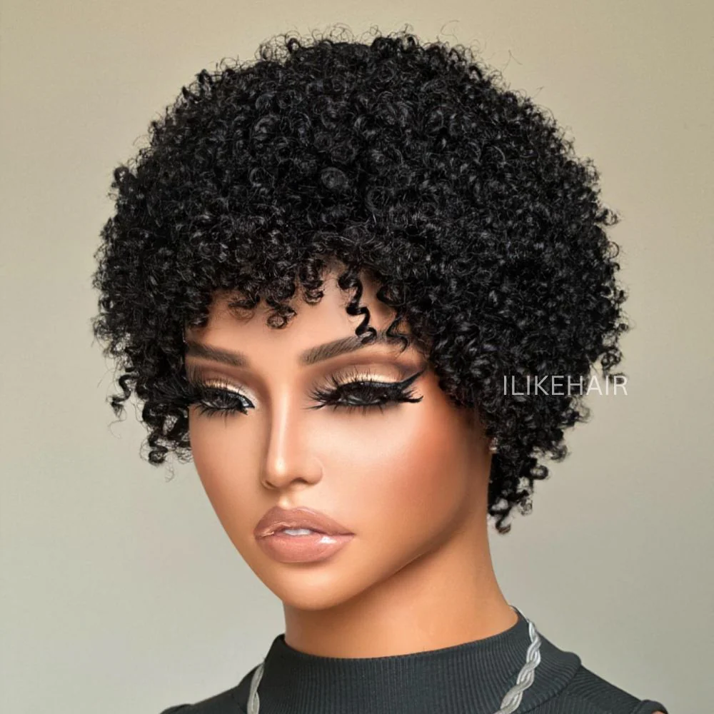 Put On & Go Natural Black Afro Pixie Curly Wig With Bangs
