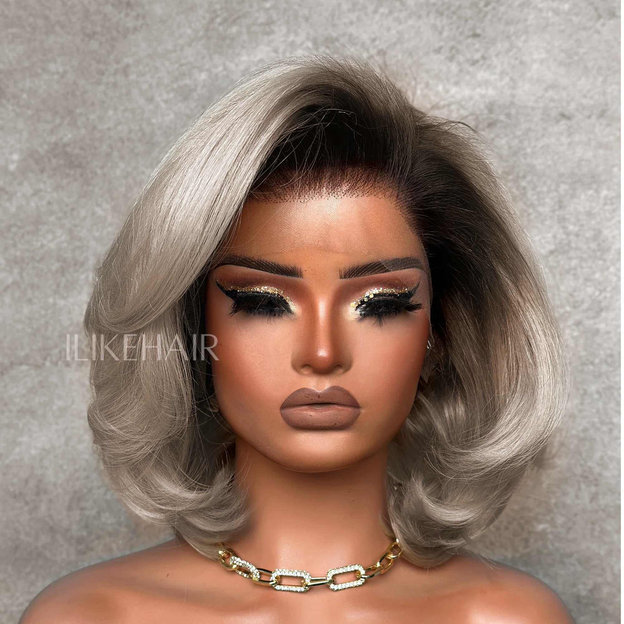Short Ash Blonde Layered Bob With Dark Root Lace Frontal Wig