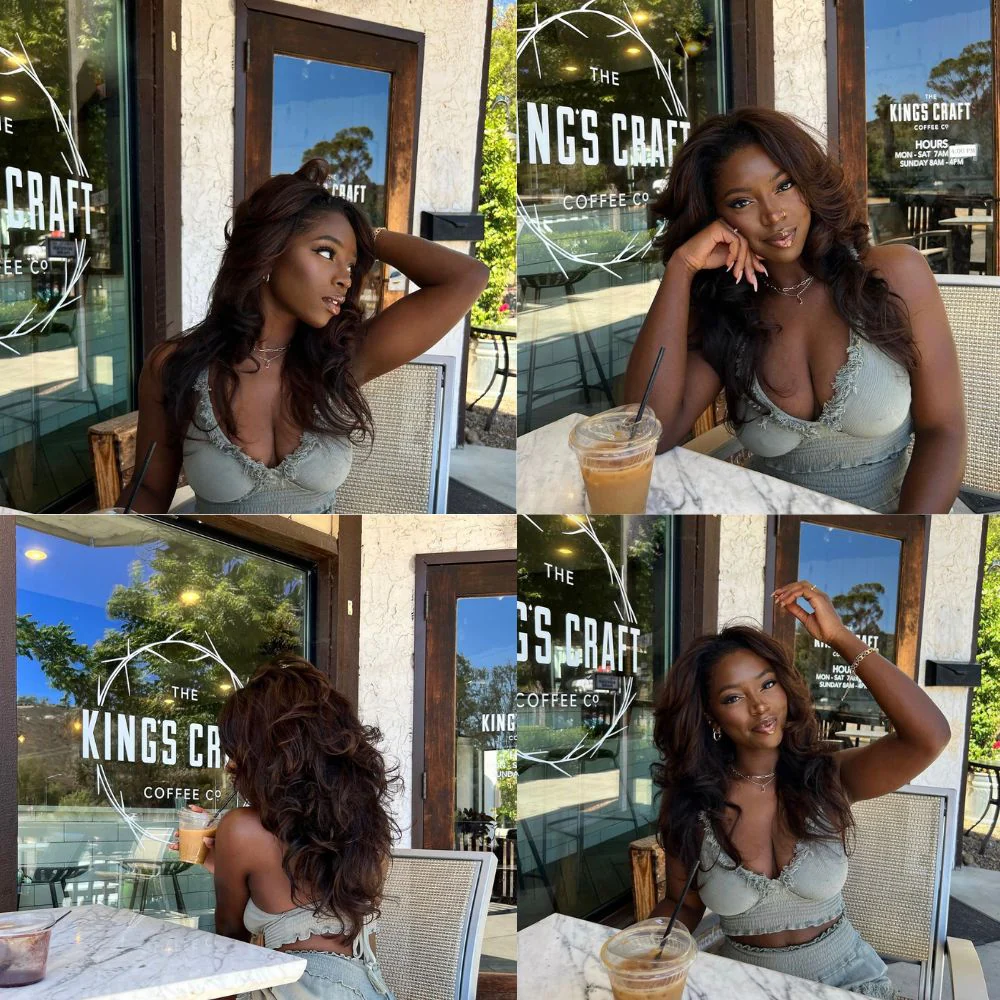 Face Framing Cocona Brown Layered Wavy With Curtain Bangs Lace Closure Wig