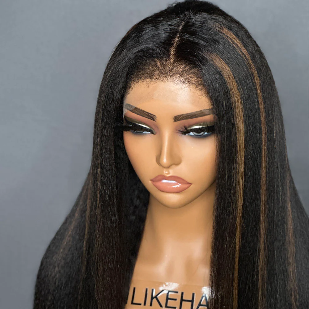 Natural Black Mix Brown Highlights Straight 13x4 HD Lace Front With Kinky Edges Wig