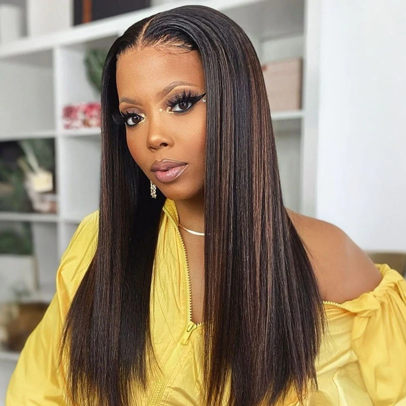 Kinky Straight Chestnut Brown Highlights Glueless Lace Front Wig