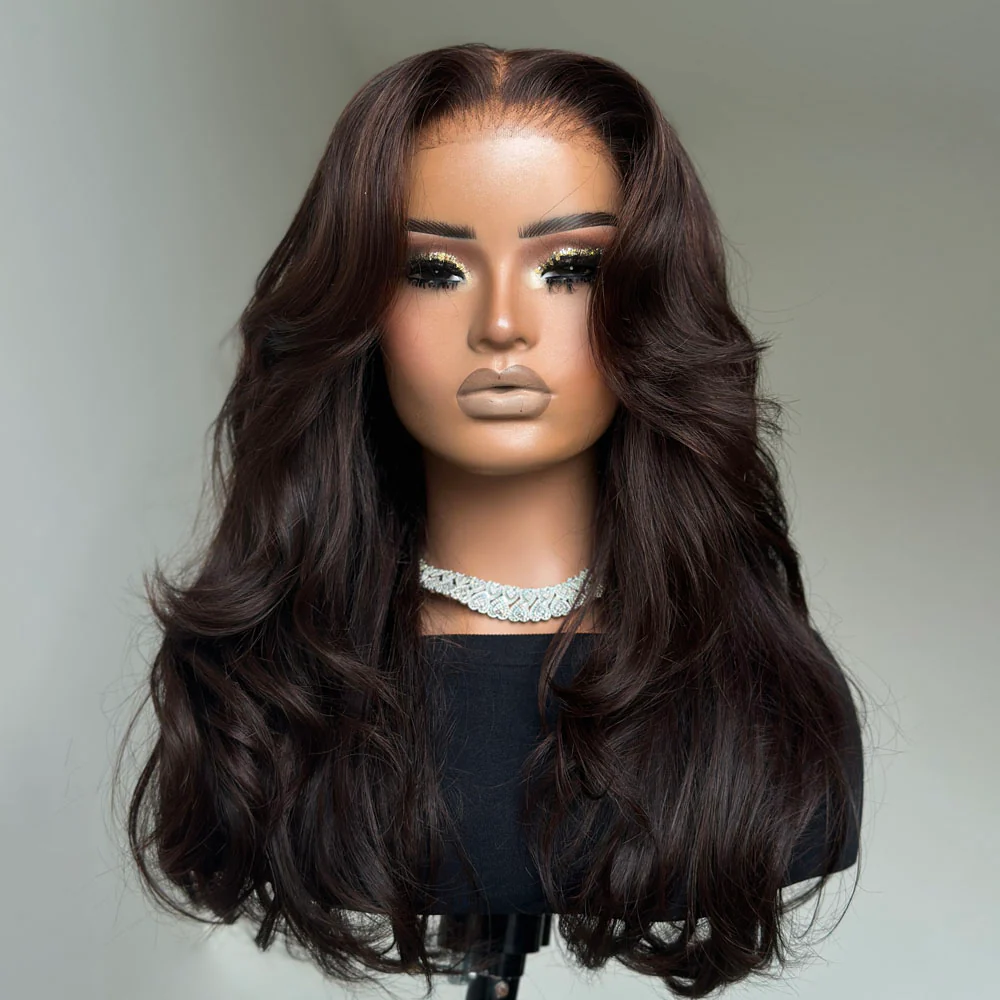 Face Framing Cocona Brown Layered Wavy With Curtain Bangs Lace Closure Wig