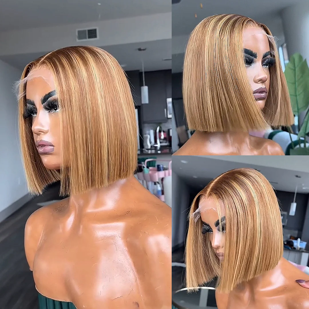 613 Ombre Blonde Highlight with Brown Blunt Cut Bob Human Hair Wig