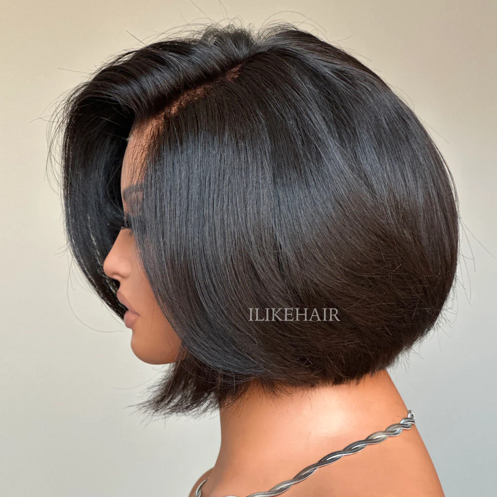 Chic Natural Black Layered Cut Bob Lace Closure Wig
