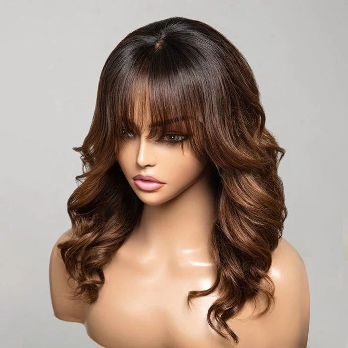 Ombre Chestnut Brown Layered Curtain Bangs Wavy Lace Front Wig